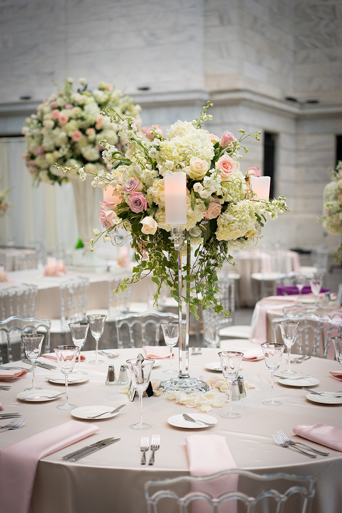 Shannon & Andrew - A Modern Fairy Tale | Photos by New Image Photography | As seen on TodaysBride.com | wedding centerpieces, art museum wedding, grand centerpieces, large centerpieces, floral centerpieces