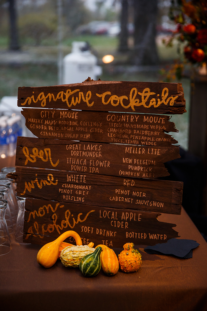 Jennifer & John - A Modern Fall Wedding | Genevieve Nisly Photography | TodaysBride.com Real Ohio Weddings, Fall wedding, fall wedding ideas, fall wedding colors, signature drink sign, bar menu sign