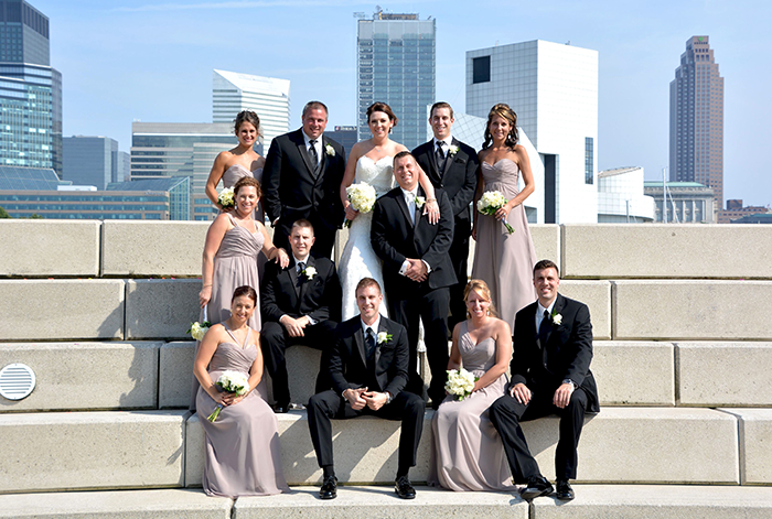 Jennifer & George - Cleveland Skyline Celebration | Love is All you Need Photography | Real Wedding as seen on Todaysbride.com | Real Ohio Wedding, Cleveland Wedding, Blush and turqoise wedding, Cleveland Wedding photos, bridessmaids and groomsmen