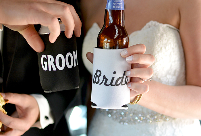 Jennifer & George - Cleveland Skyline Celebration | Love is All you Need Photography | Real Wedding as seen on Todaysbride.com | Real Ohio Wedding, Cleveland Wedding, Blush and turqoise wedding, Cleveland Wedding photos, bride and groom koozies