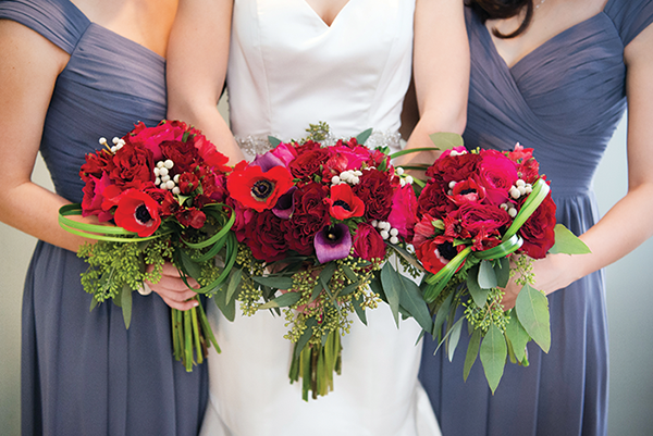 Meghan & Roberto - Seasonal Scarlet Wedding Day | Real Cleveland Ohio Wedding as seen on TodaysBride.com, scarlet red and grey pewter wedding inspiration, elegant wedding, red flowers with grey bridesmaid dresses gowns bridal bouquet