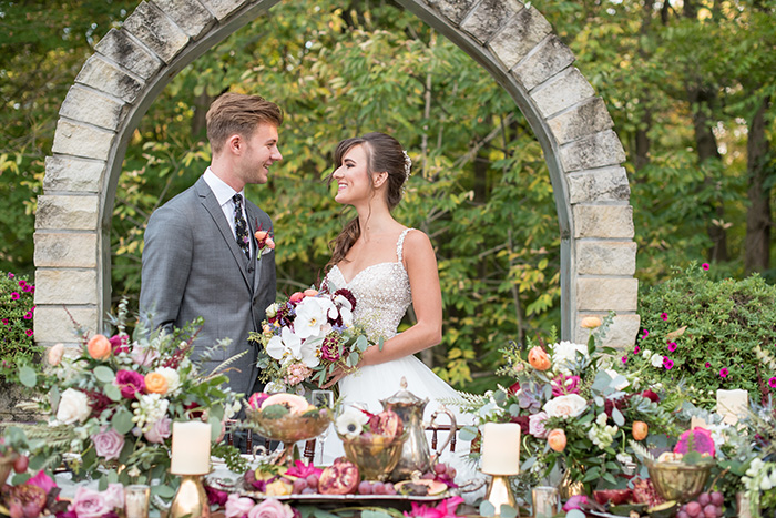Gorgeous ohio stylized wedding shoot as seen on Today's Bride, photographed by Sabrina Hall Photography. jewel toned wedding inspiration, outdoor wedding, forest wedding, gorgeous wedding, pink wedding decor, garden wedding