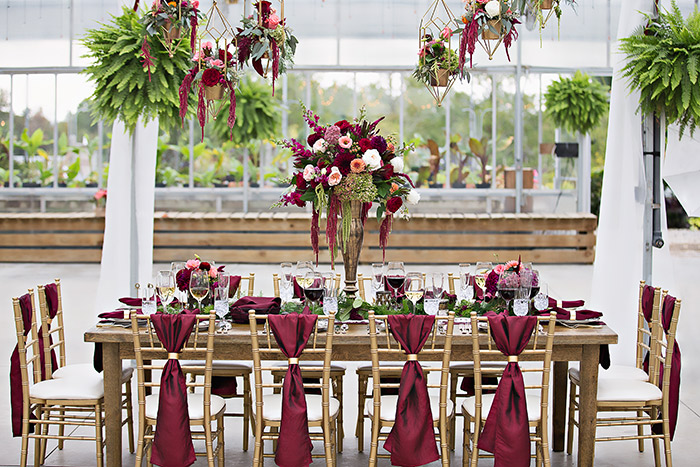 Nuevo Garden Wayne Wedding - Styled Shoot, marsala wedding, burgundy wedding, greenhouse wedding decor, modern wedding decor