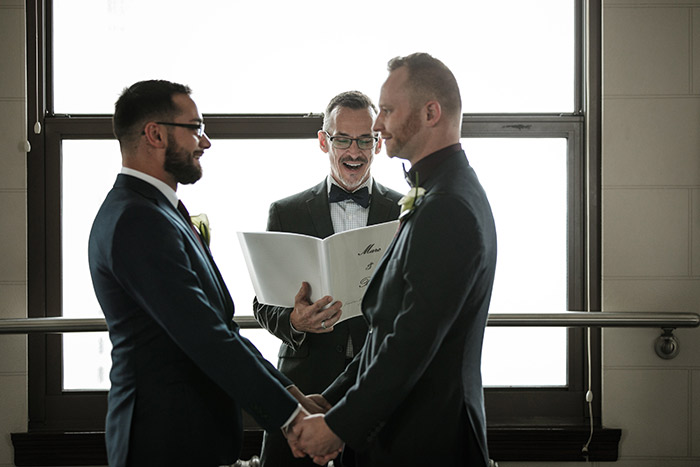 Brent & Marc's Cleveland Skyline Wedding, real wedding, gay wedding, wedding inspiration, navy and burgundy wedding