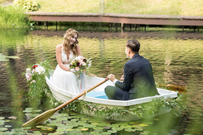 Bride and Groom in a Boat | Sabrina Hall Photography | As seen on TodaysBride.com