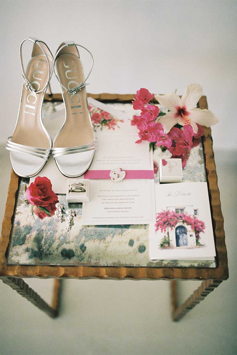 bridal lay with pink invitations