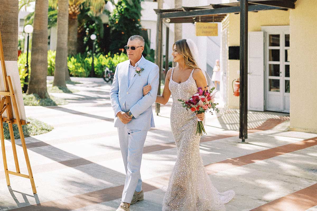 bride walking down the aisle in Crete, Greece