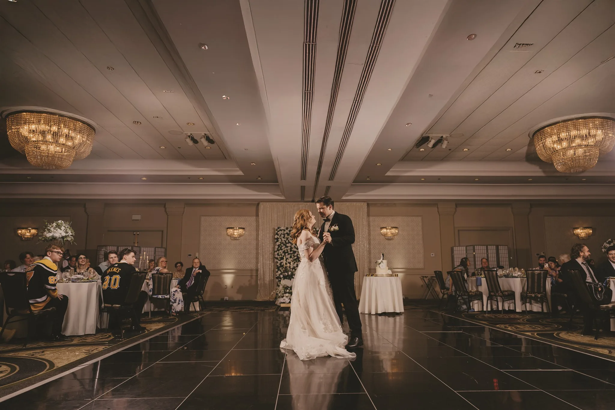 Bride and groom first dance at Sheraton Suites wedding in Cuyahoga Falls Ohio